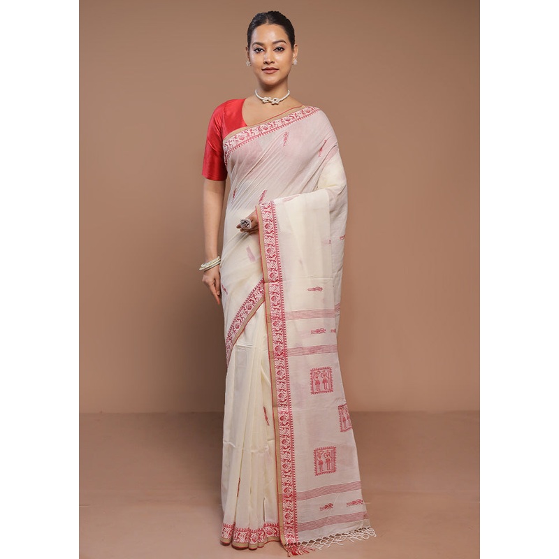 Cream Cotton Saree With Blouse Piece - JD986580701