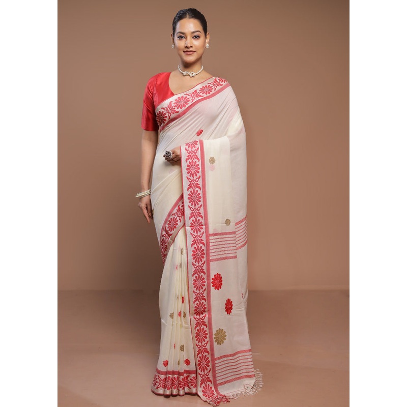 Cream Cotton Saree With Blouse Piece - JD986580702