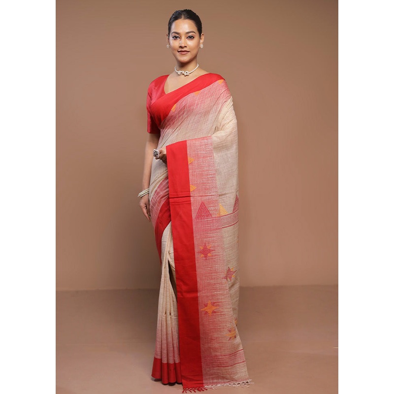 Cream Cotton Saree With Blouse Piece - JD986580705