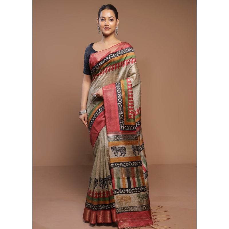 Cream Tussar Silk Saree With Blouse Piece - JD986580696