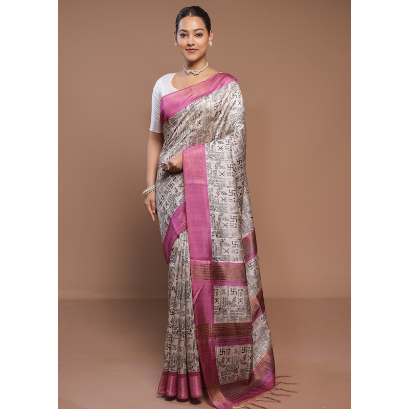 Cream Tussar Silk Saree With Blouse Piece - JD986580697