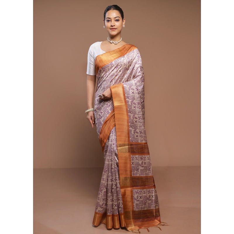 Cream Tussar Silk Saree With Blouse Piece - JD986580698