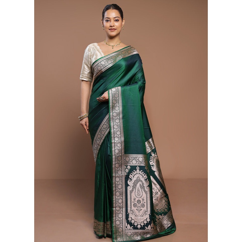 Green Banarasi Silk Saree With Blouse Piece - JD986580695