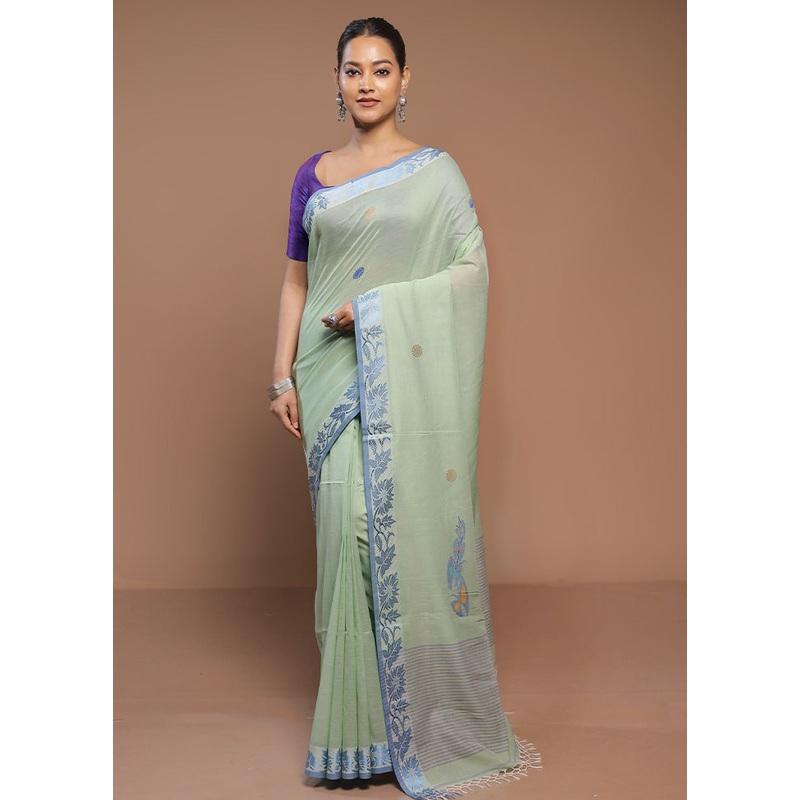 Green Cotton Saree With Blouse Piece - JD986580622