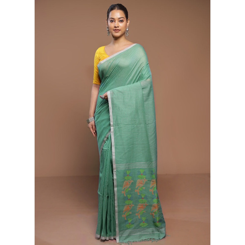 Green Cotton Saree With Blouse Piece - JD986580680
