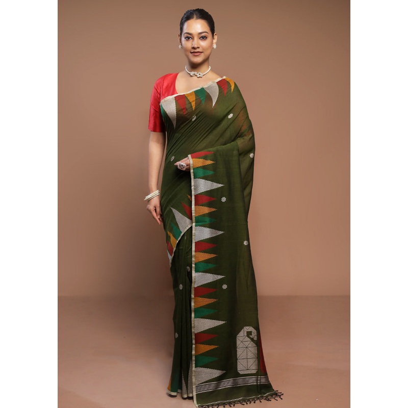 Green Cotton Saree With Blouse Piece - JD986580681