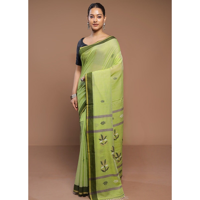 Green Cotton Saree With Blouse Piece - JD986580682