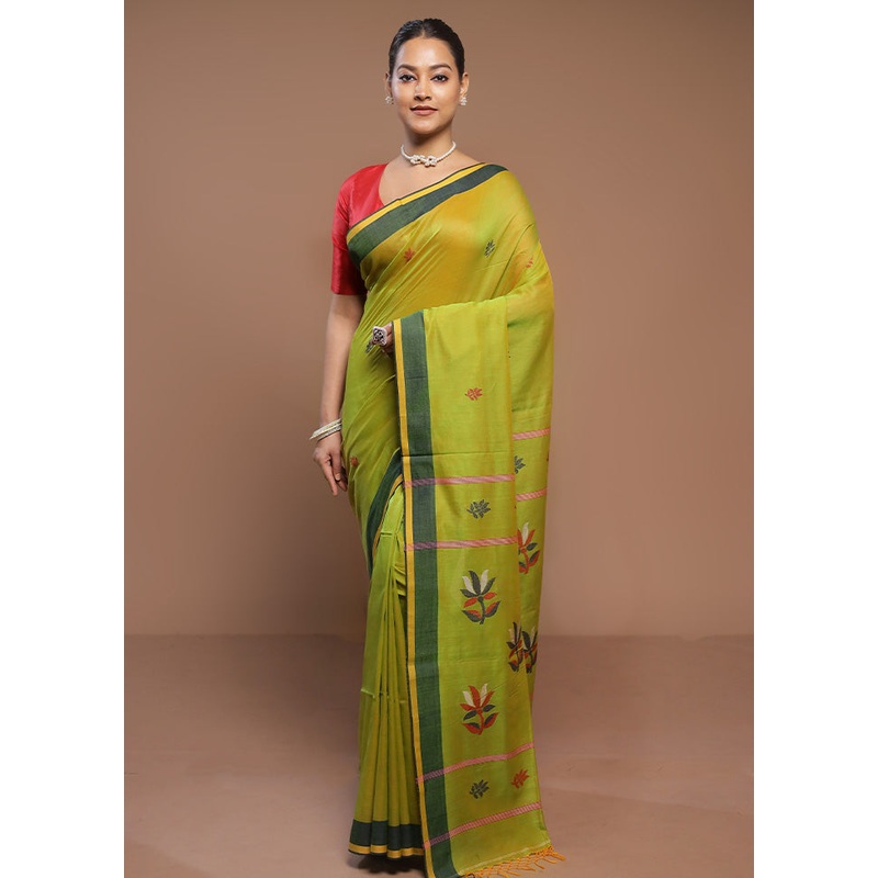 Green Cotton Saree With Blouse Piece - JD986580683