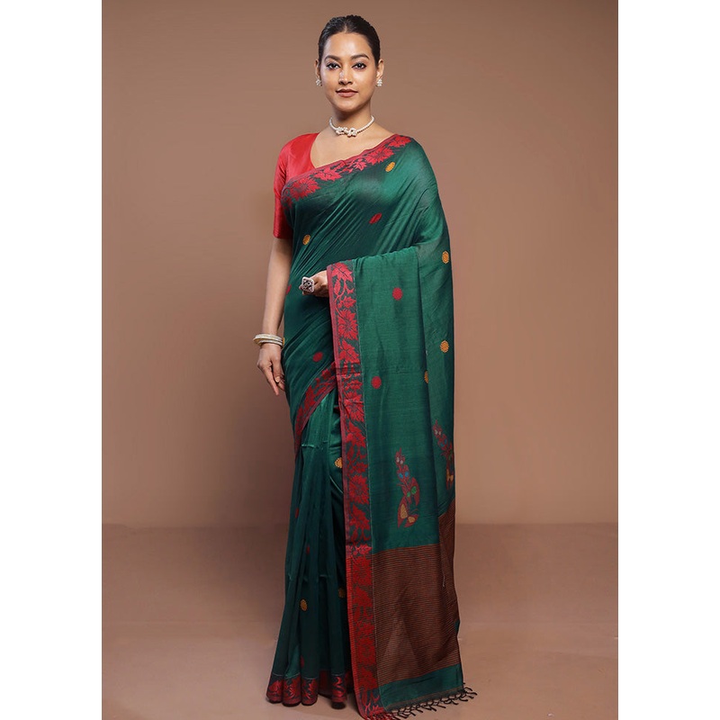 Green Cotton Saree With Blouse Piece - JD986580686