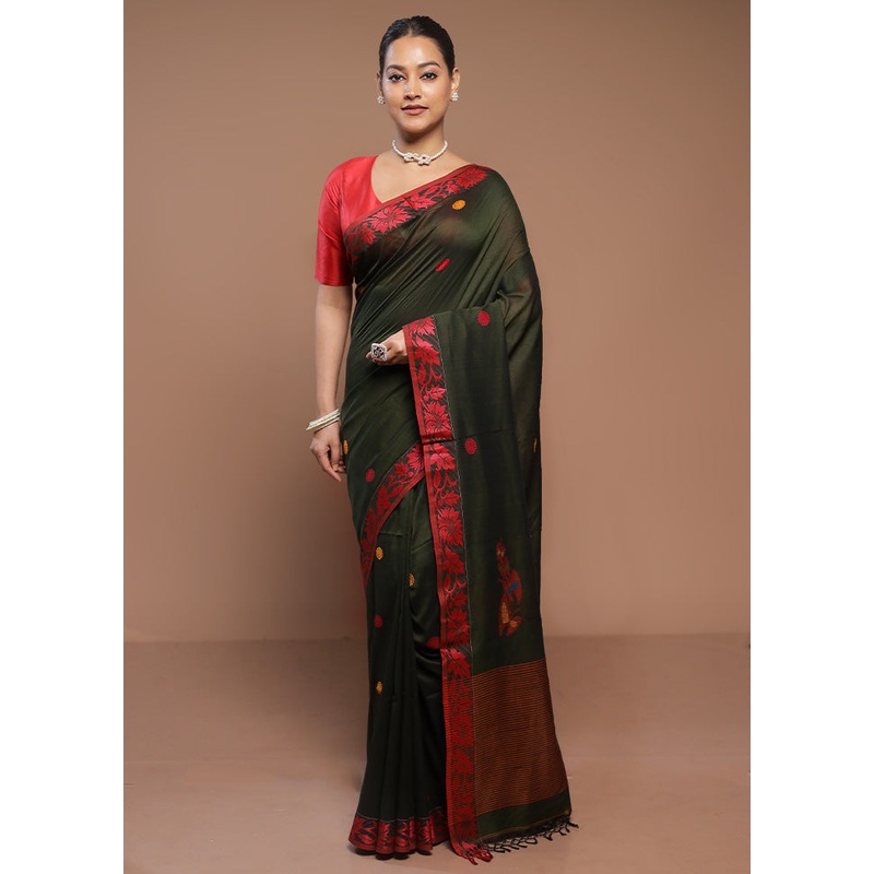 Green Cotton Saree With Blouse Piece - JD986580687