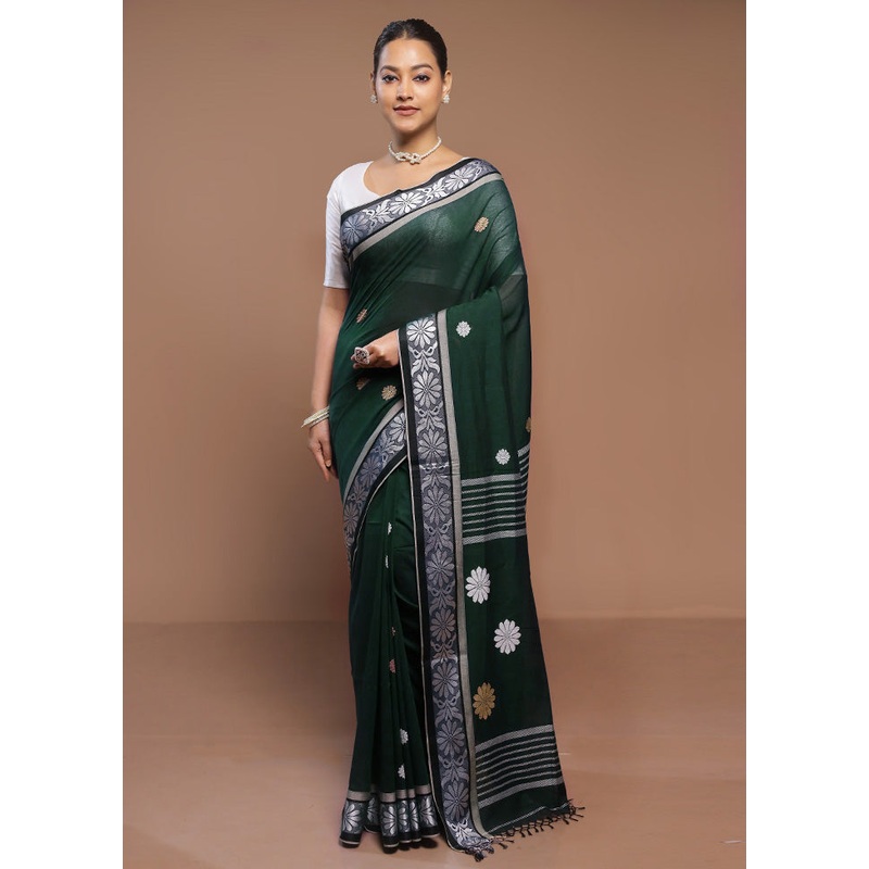 Green Cotton Saree With Blouse Piece - JD986580688