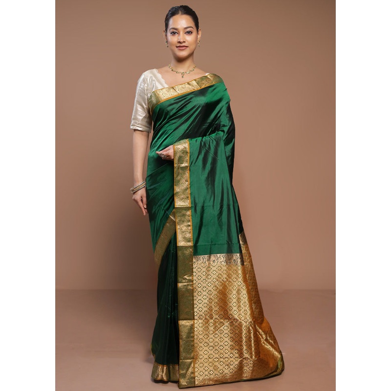Green Handloom Kanjivaram Pure Silk Saree With Blouse Piece - JD986580694