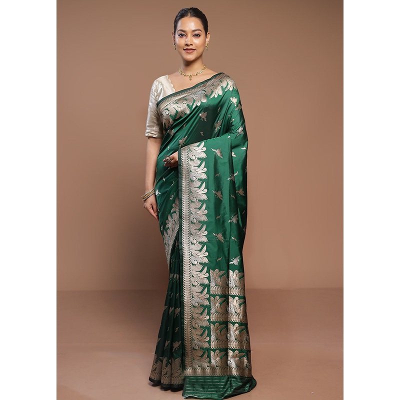 Green Handloom Katan Pure Silk Saree With Blouse Piece - JD986580693