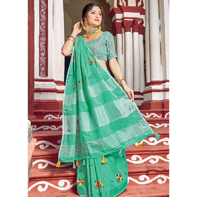 Green Spun Silk Saree With Blouse Piece - JD986580734