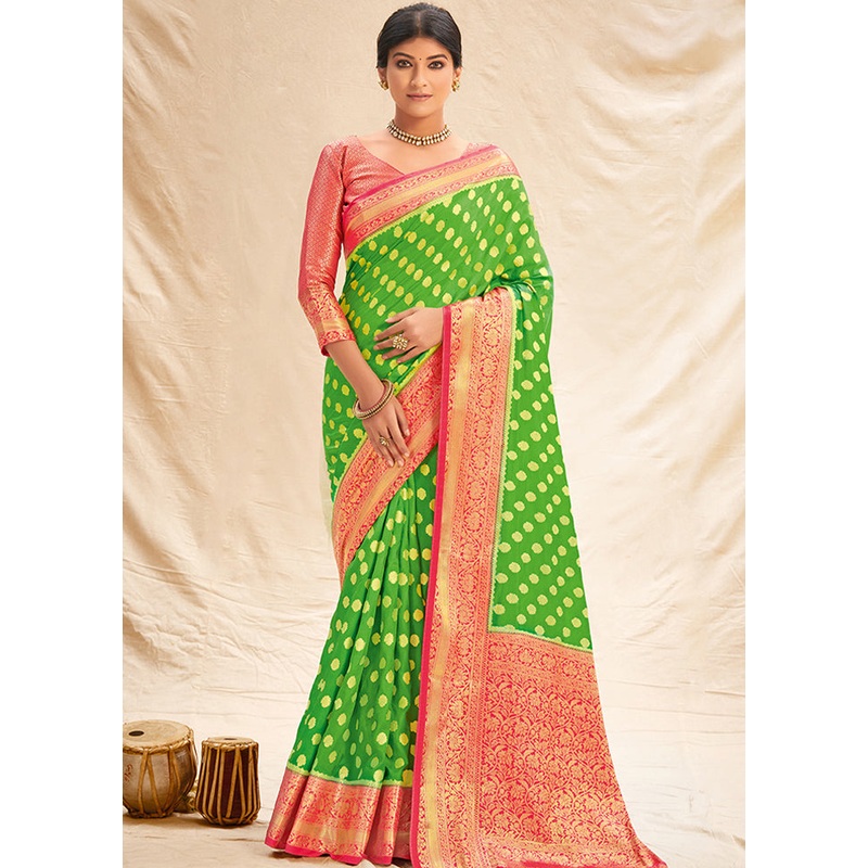 Green Spun Silk Saree With Blouse Piece - JD986580755