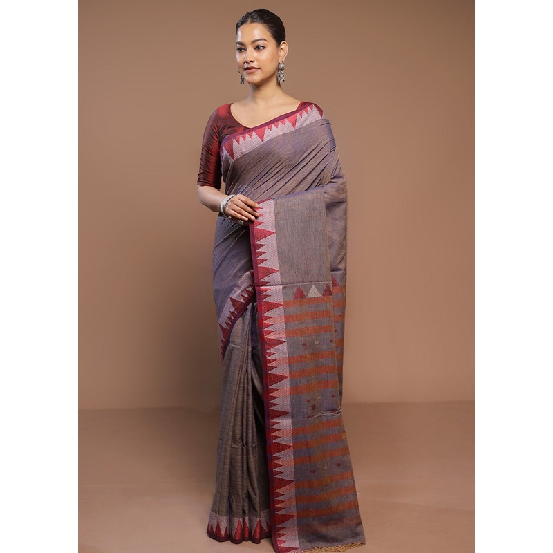 Grey Cotton Saree With Blouse Piece - JD986580678