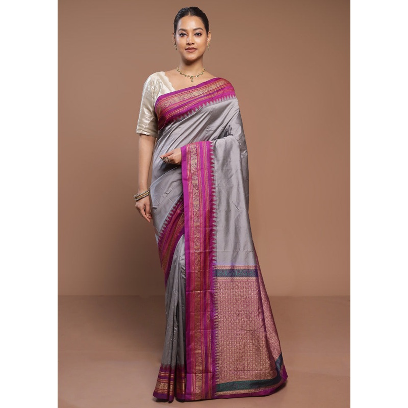 Grey Kanjivaram Silk Saree With Blouse Piece - JD986580679