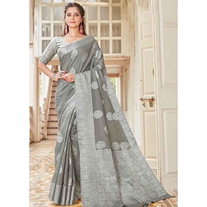 Grey Spun Silk Saree With Blouse Piece - JD986580729
