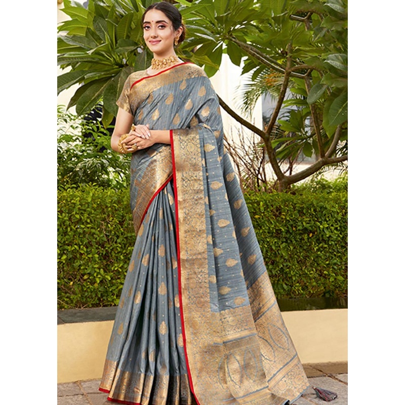 Grey Spun Silk Saree With Blouse Piece - JD986580742
