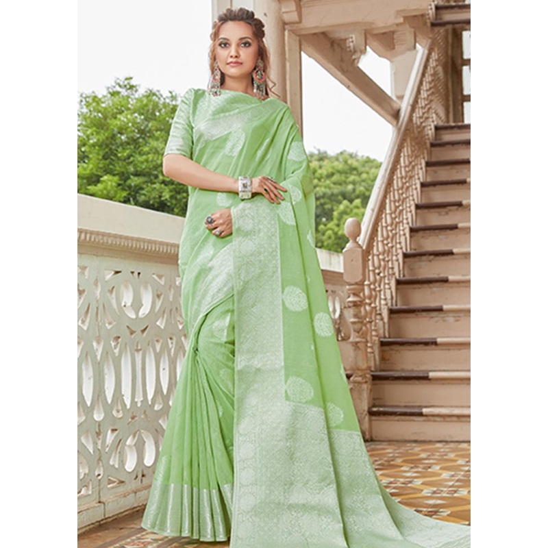 Light Green Spun Silk Saree With Blouse Piece - JD986580730
