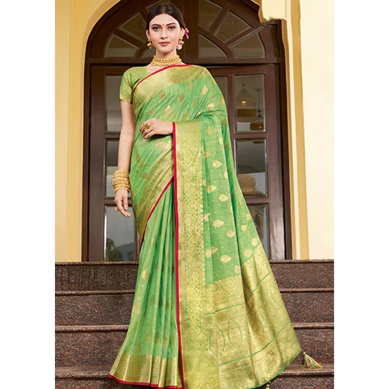Light Green Spun Silk Saree With Blouse Piece - JD986580739