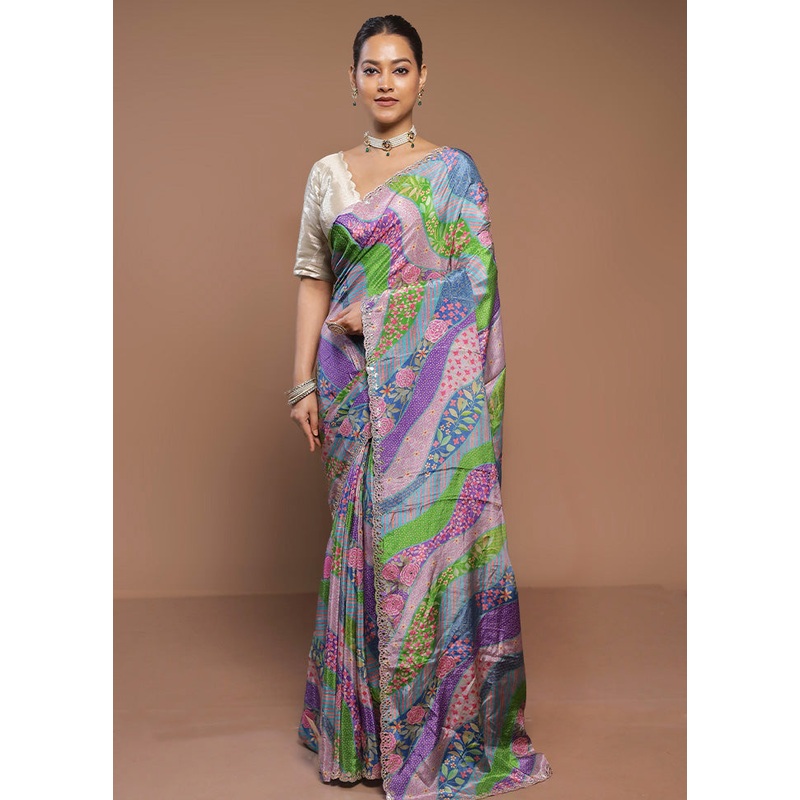 Multicolor Printed Pure Silk Saree Without Blouse Piece - JD986580676