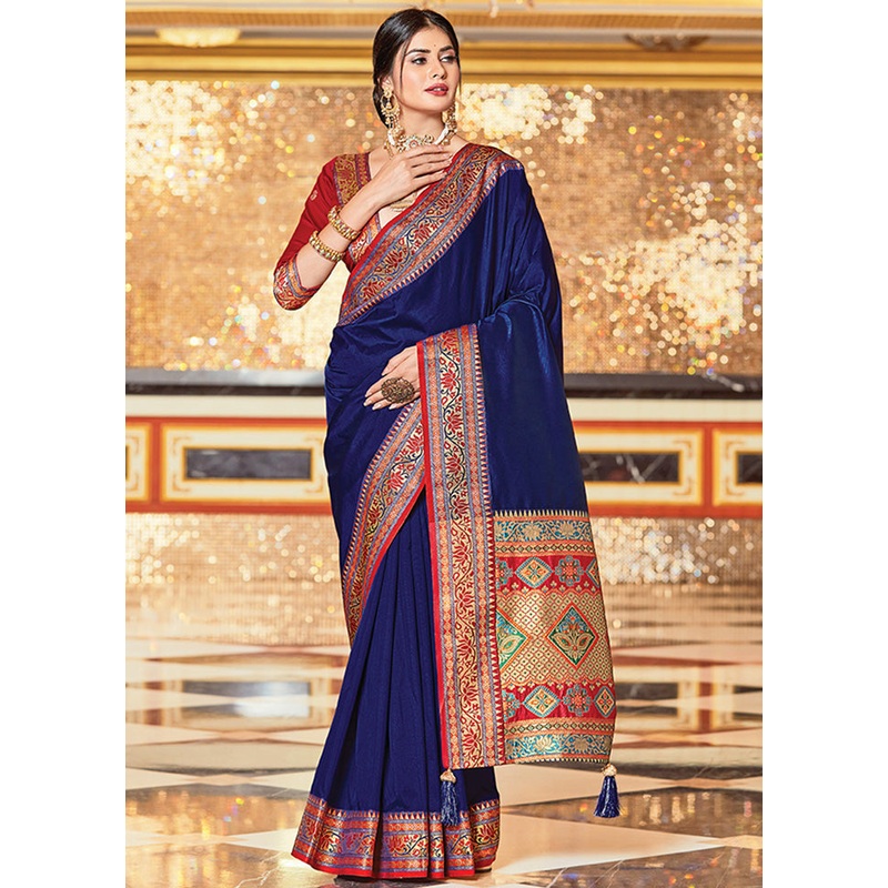Navy Blue Spun Silk Saree With Blouse Piece - JD986580744