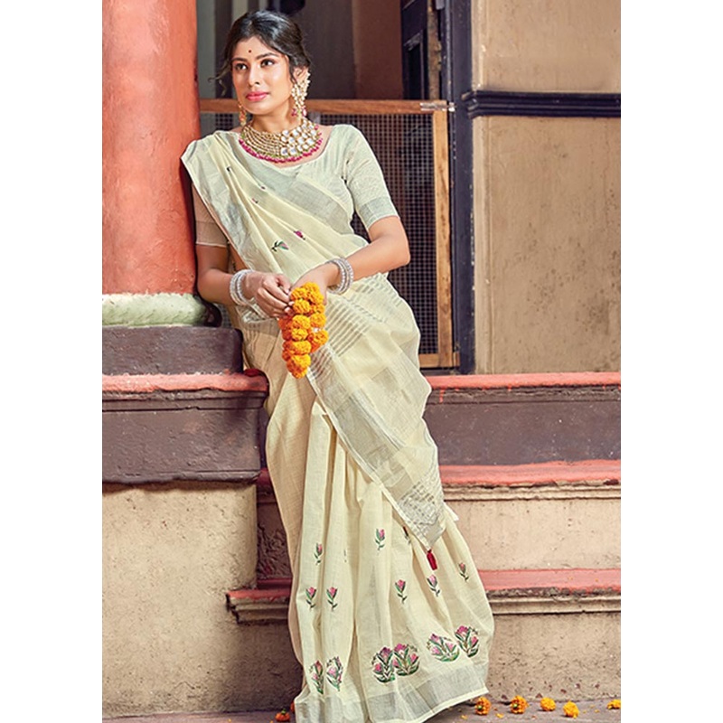 Off White Spun Silk Saree With Blouse Piece - JD986580737