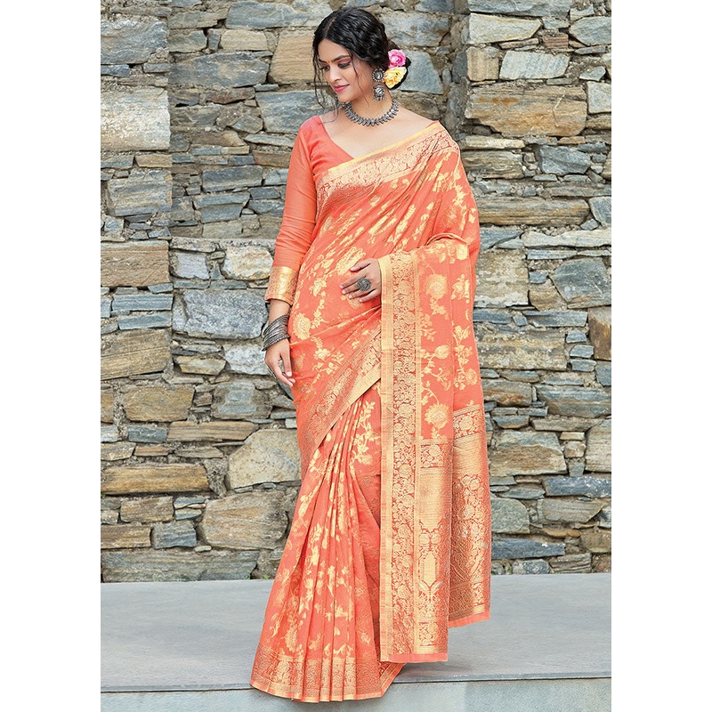 Orange Spun Silk Saree With Blouse Piece - JD986580728