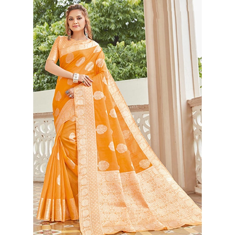 Orange Spun Silk Saree With Blouse Piece - JD986580732