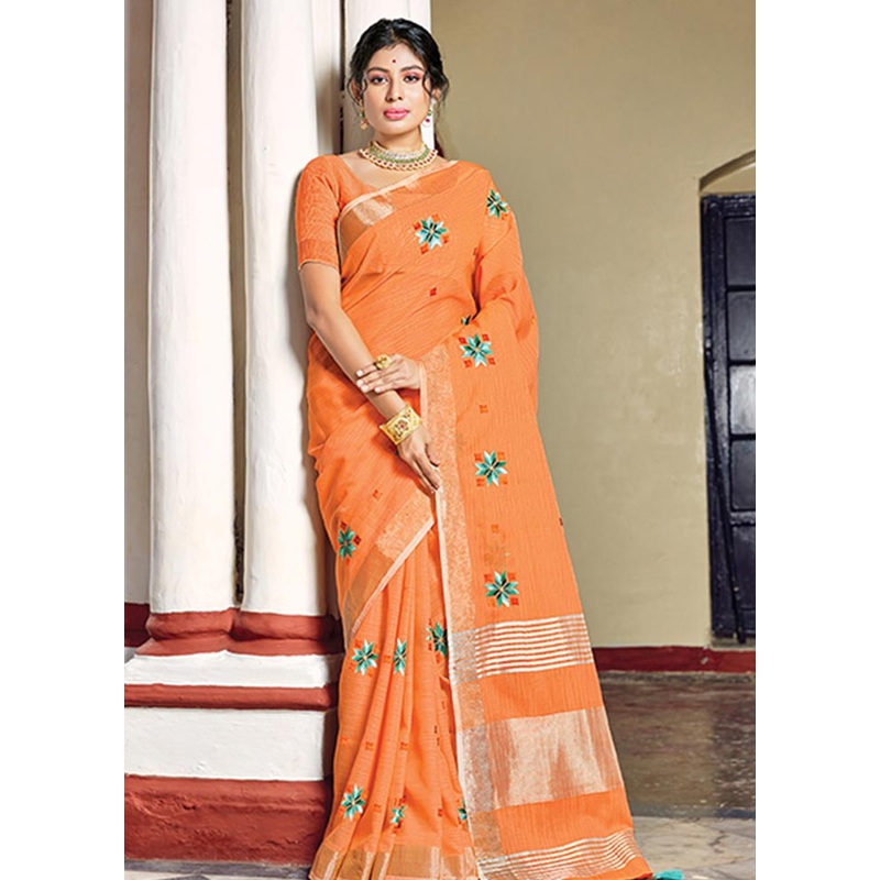 Orange Spun Silk Saree With Blouse Piece - JD986580735