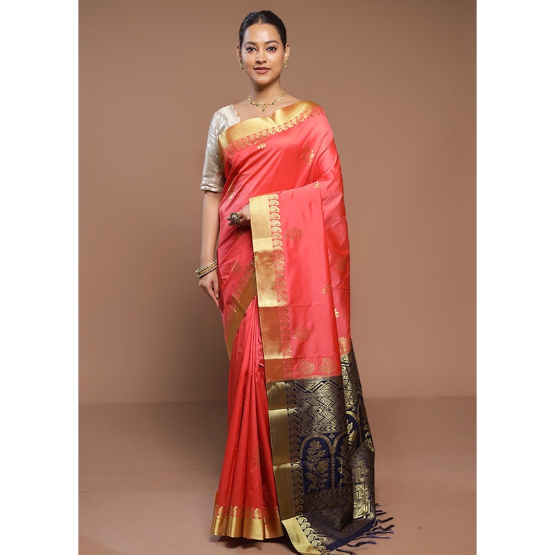 Peach Kanjivaram Silk Saree With Blouse Piece - JD986580669