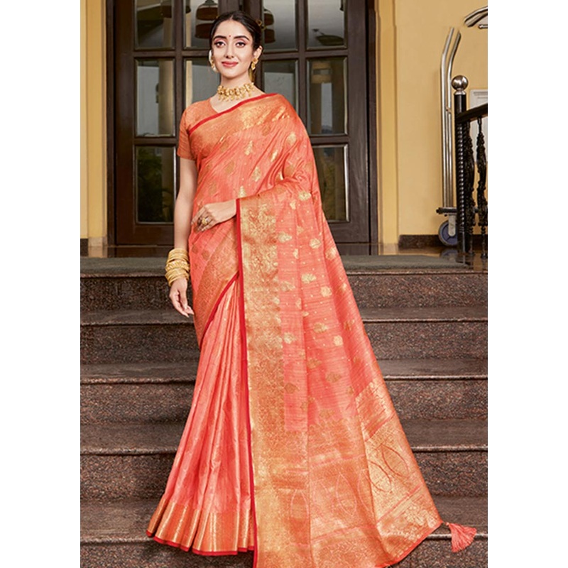 Peach Spun Silk Saree With Blouse Piece - JD986580738