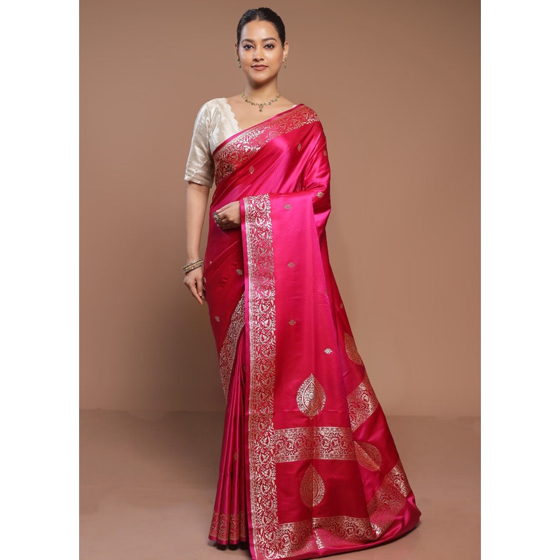 Pink Handloom Banarasi Pure Silk Saree With Blouse Piece - JD986580666
