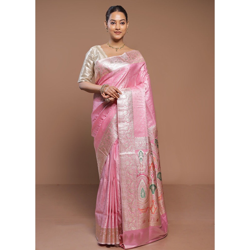 Pink Handloom Banarasi Pure Silk Saree With Blouse Piece - JD986580667