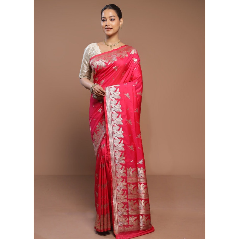 Pink Handloom Katan Pure Silk Saree With Blouse Piece - JD986580665