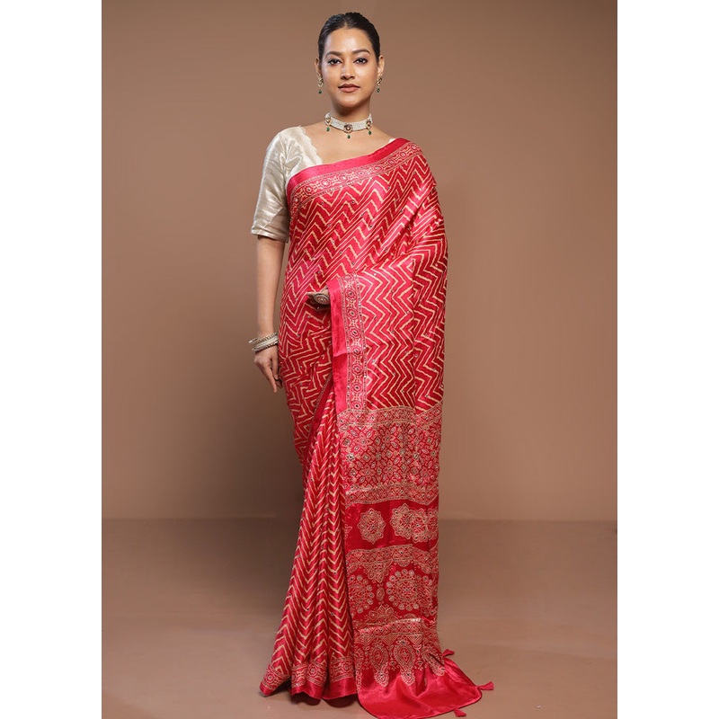 Pink Printed Pure Silk Saree Without Blouse Piece - JD986580657