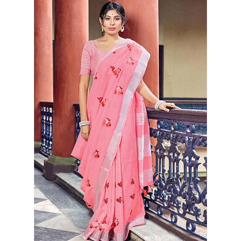 Pink Spun Silk Saree With Blouse Piece - JD986580733