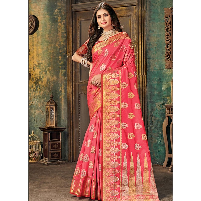 Pink Spun Silk Saree With Blouse Piece - JD986580746