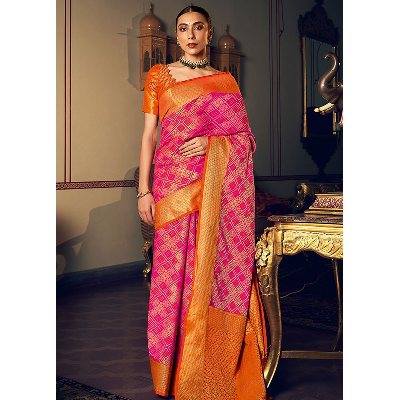 Pink Spun Silk Saree With Blouse Piece - JD986580750
