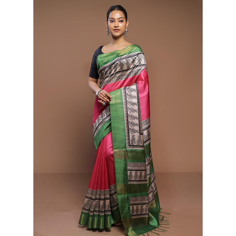 Pink Tussar Silk Saree With Blouse Piece - JD986580655