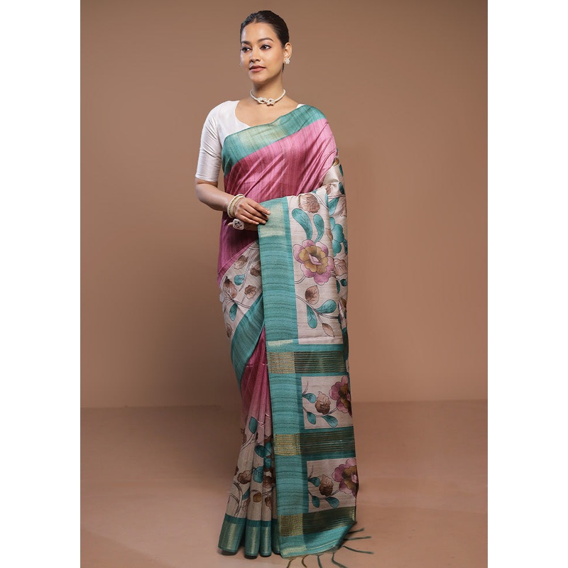 Pink Tussar Silk Saree With Blouse Piece - JD986580656