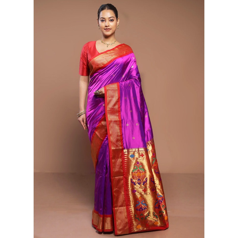 Purple Handloom Kanjivaram Pure Silk Saree With Blouse Piece - JD986580650
