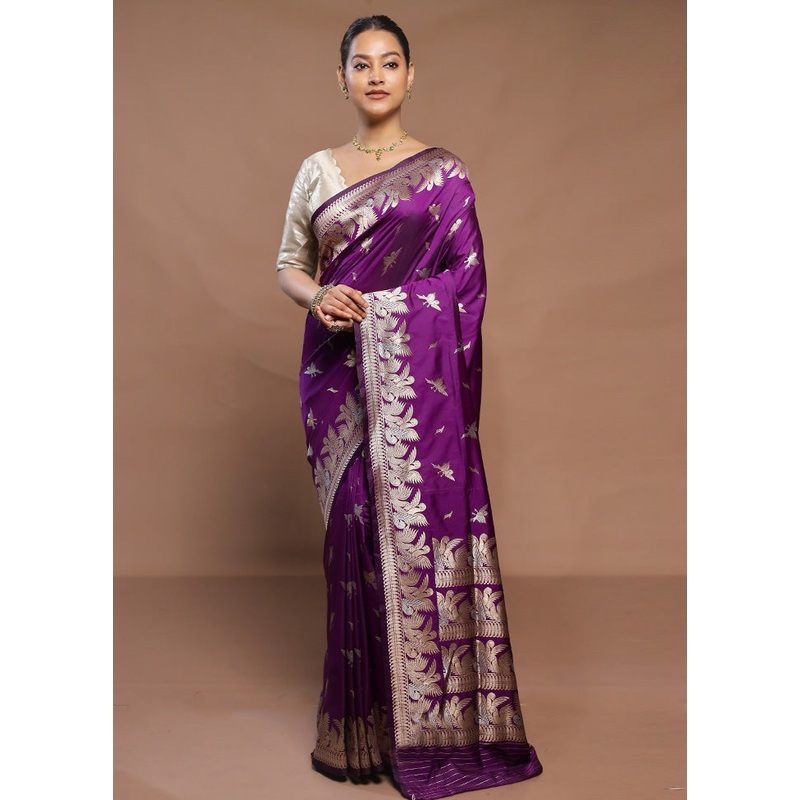 Purple Handloom Katan Pure Silk Saree With Blouse Piece - JD986580649