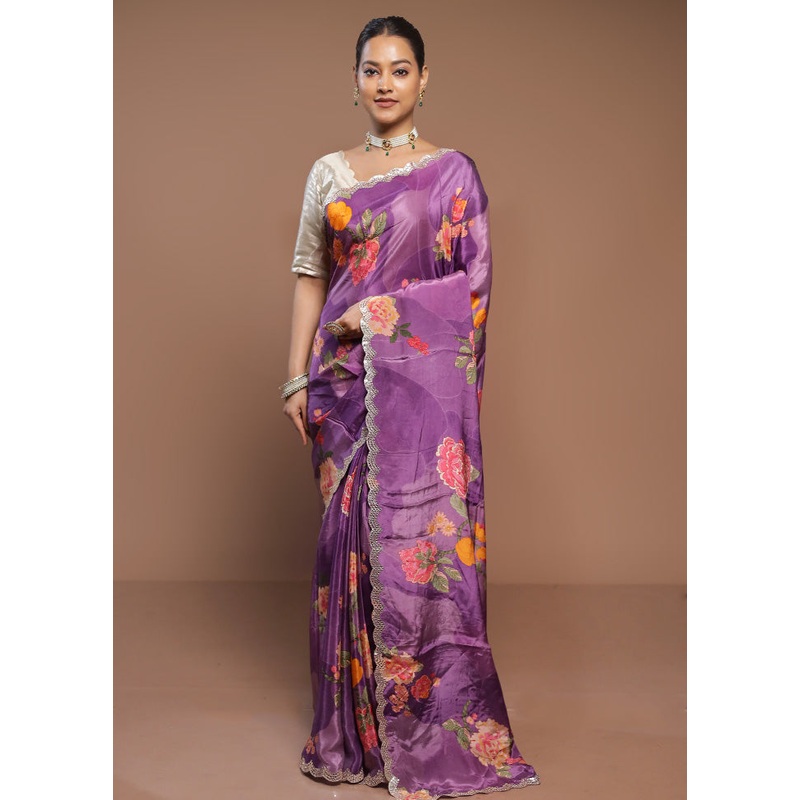 Purple Printed Pure Silk Saree Without Blouse Piece - JD986580645
