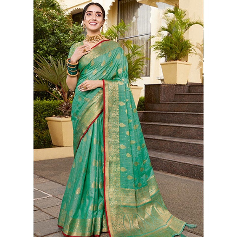 Rama Spun Silk Saree With Blouse Piece - JD986580740