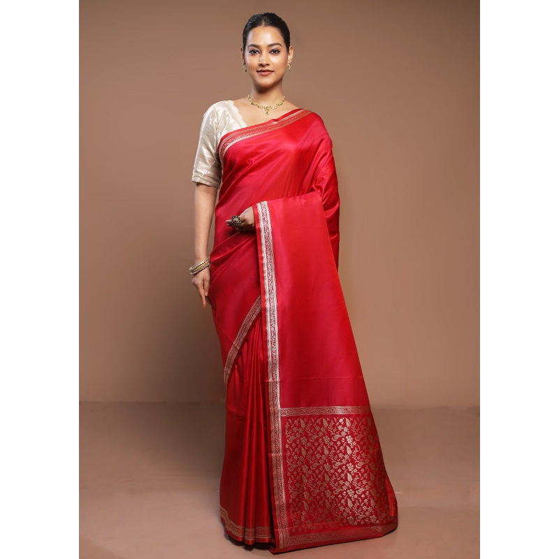 Red Banarasi Silk Saree With Blouse Piece - JD986580642