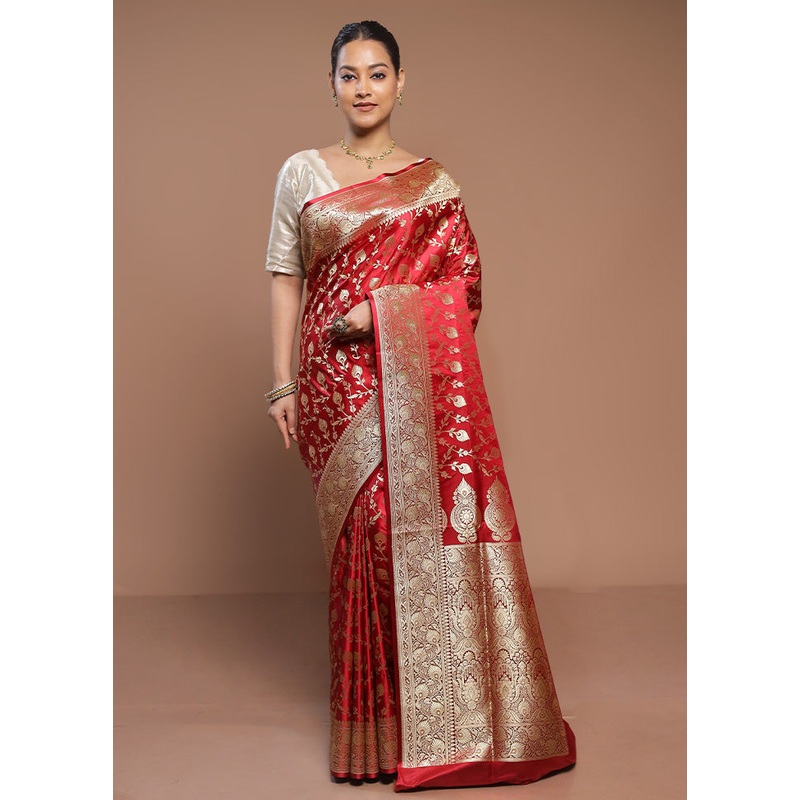 Red Banarasi Silk Saree With Blouse Piece - JD986580643