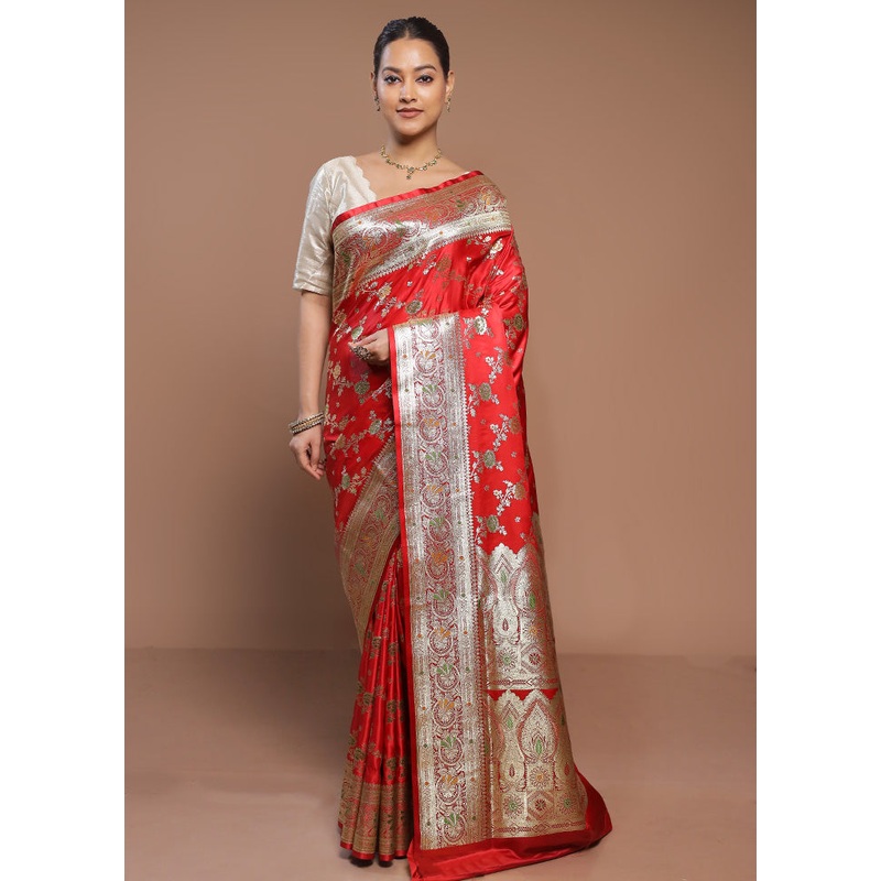 Red Banarasi Silk Saree With Blouse Piece - JD986580644