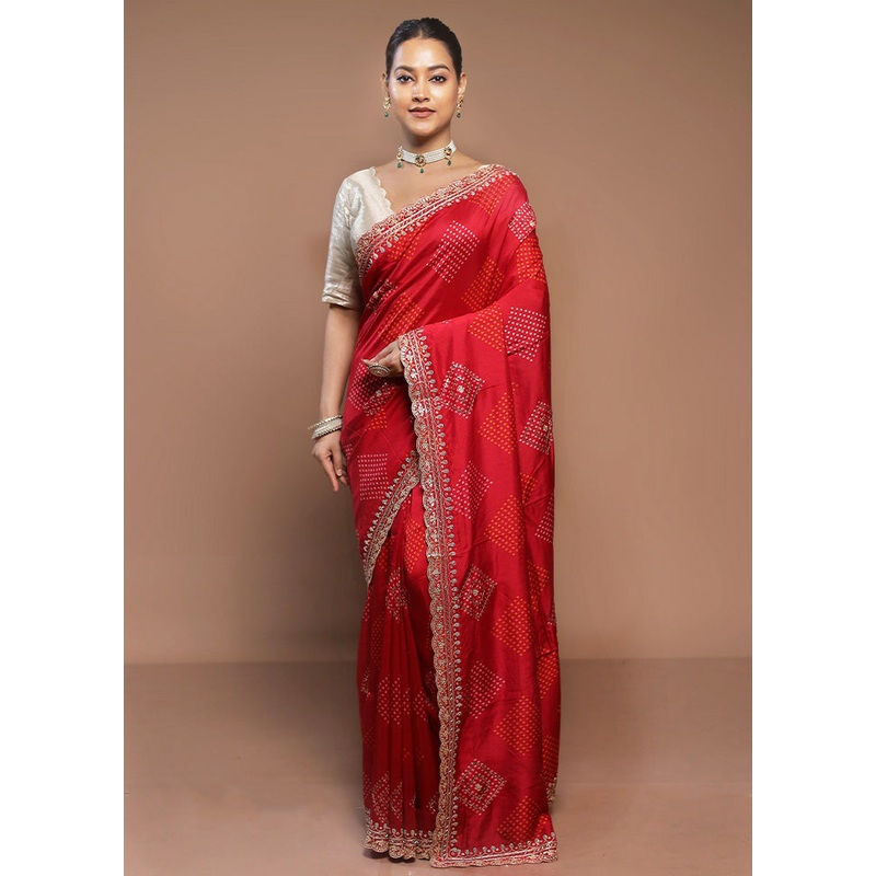 Red Handloom Chiffon Pure Silk Saree With Blouse Piece - JD986580641